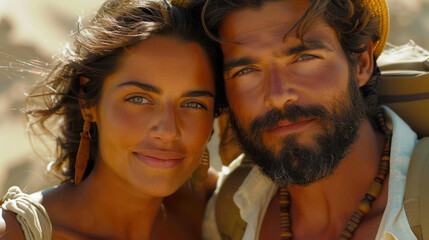 Fototapeta premium Captivating Couple Portrait in Sunlit Outdoor Setting, Showcasing Natural Beauty and Fashion in Enchanting Summer Atmosphere, Highlighting Love, Adventure, and Connection in Warm, Golden Light
