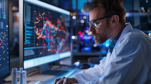 A researcher examining a colorful scatter plot chart on a computer monitor, analyzing scientific data and experimental results.