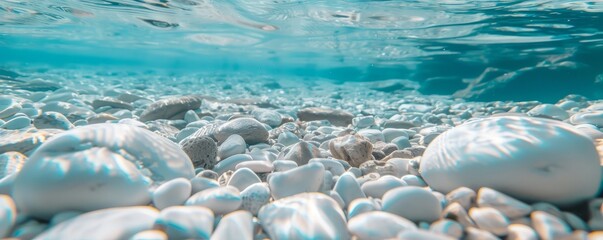 White pebbles on the bottom of clear water, a light blue and white style.