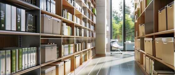 Fototapeta premium A bright office storage area featuring wooden shelves filled with white binders, boxes, and a touch of greenery, bathed in natural light.