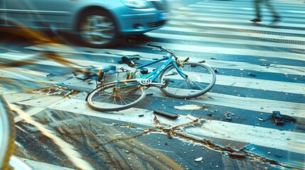 Blurred motion imagery of bike accident on busy street with moving car and pedestrian crossing. Accident scene captured in urban environment. Powerful visual for safety campaigns and awareness. AI