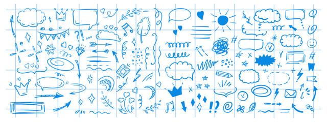 Doodle design elements and arrows. Elements for infographics. Hand drawn vector set of icons, frames, borders, arrows in isolated on checkered notebook sheet background.