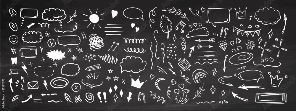 Wall mural simple sketch line style elements. doodle cute ink pen line elements isolated on chalkboard backgrou