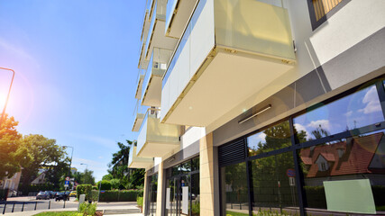 Panoramic windows of new commercial premises. Commercial property in development standard for rent.