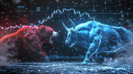 A powerful bear in red fighting a resilient bull in blue, set against a backdrop of a stock market graph