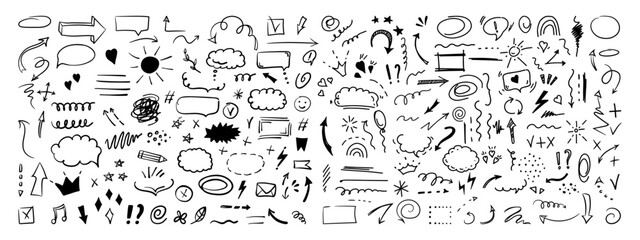 Simple sketch line style elements. Doodle cute ink pen line elements isolated on white background. Doodle arrow, heart, star, decoration symbol, icon set. Vector illustration.