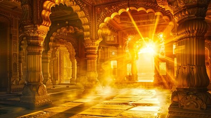 Obraz premium Stunning golden light illuminating ancient temple interior. Beautiful architectural columns and arches bathed in warm sunlight. Conceptual design for historical and cultural themes. AI