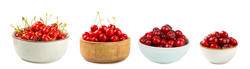 Cherry in a bowl isolated. Fresh ripe cherries with leaves isolated on a white background.Sweet...