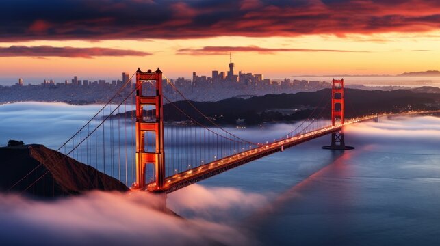 Golden Gate Bridge in San Francisco, California at sunrise with fog and city skyline in the background. Aerial view, drone perspective.