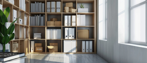 Neatly arranged office shelves stand near a large sunlit window, housing files, documents, and lush green plants in a bright, organized workspace.