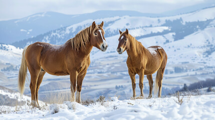 Beautiful wild horses standing in snowy mountain landscape