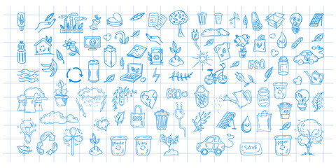 Set of ecology. Hand drawn design vector illustration. Ecology problem, recycling and green energy icons in doodle style on checkered notebook sheet background.