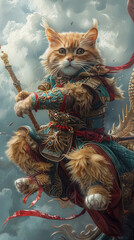 yellow kitten cat dressed as a Chinese royal warrior armor is riding a cloud above the blue sky