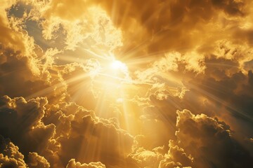 The golden sky is shrouded in clouds, with the sun shining through them and casting rays of light on earth