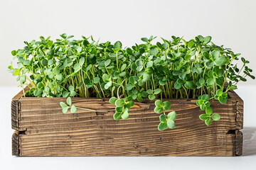 Microgreens in a wooden box. Farm bioproducts.