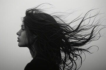 Naklejka premium Dark silhouette of a woman with flying hair close-up. Generated by artificial intelligence