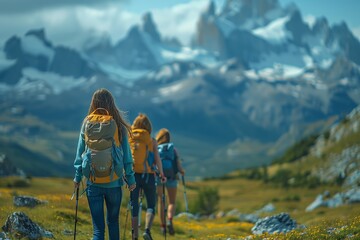 Obraz premium Group Hiking Adventure in Mountain Wilderness