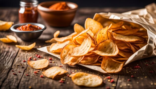 Potato chips in open bag, delicious BBQ seasoning spicy for crips, thin slice deep fried snack fast food.
