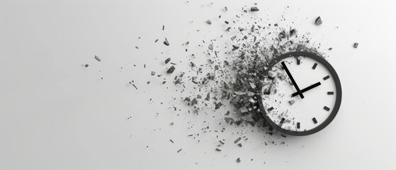 A black clock disintegrating into particles, against a minimalist grey background, representing the concept of time falling apart.
