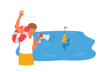Man lifeguard waves hand to drowning man and holds lifebuoy demonstrating readiness to help. Man drowns due to non-compliance with rules of swimming and swimming behind buoy, needs help of lifeguard