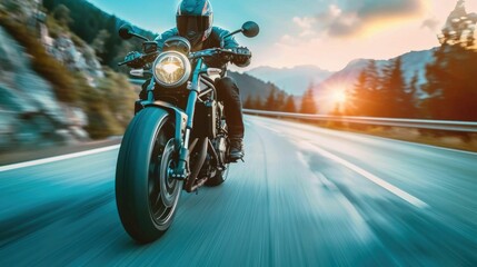 Sleek powerful motorcycle speeding down an open highway surrounded by a picturesque mountainous landscape at sunset  The bike s motion creates a blurred effect