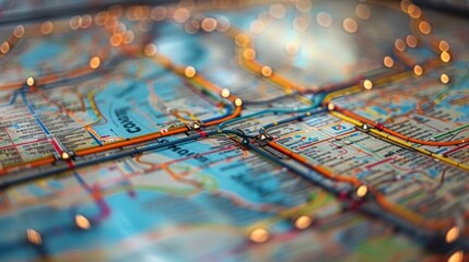 Detailed subway map with trains and stations highlighted on a digital background representing the complex transportation network and infrastructure of a city