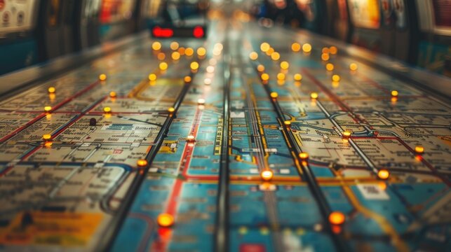 Detailed subway map showcasing the intricate network of trains stations and transit infrastructure in a bustling urban cityscape - Powered by Adobe