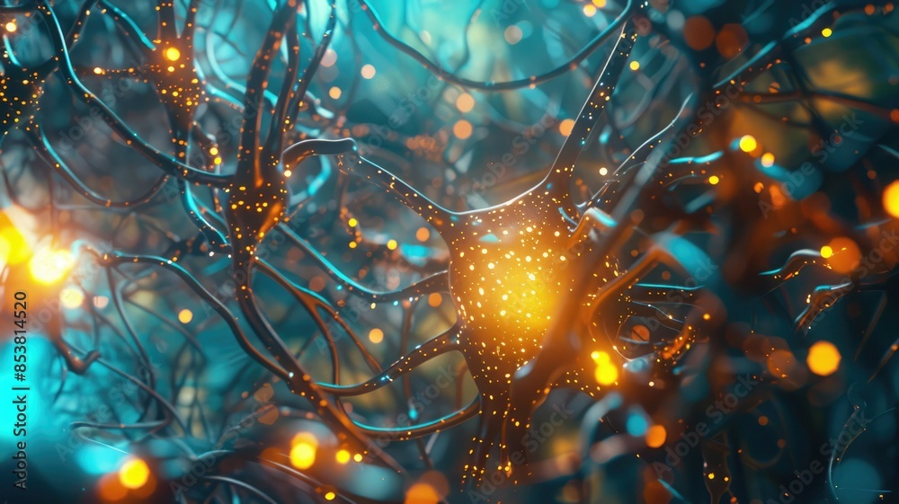 Poster conceptual image of neural networks and artificial intelligence with glowing elements and abstract d