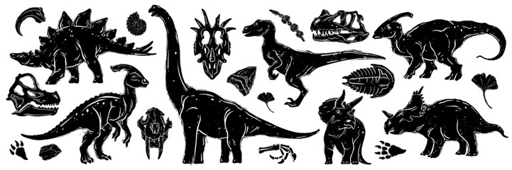 Linocut dinosaur set, vector dino print collection, fossil skeleton silhouette, prehistoric monster. Diplodocus outline print, woodcut engraving Jurassic reptile sticker, skull. Linocut dinosaur stamp © Oleksandra