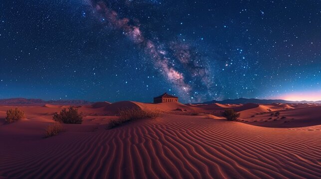 Serene and peaceful desert landscape with rolling sand dunes and a clear starry night sky featuring the beautiful Milky Way galaxy  A tranquil and remote astroscape perfect for adventure and