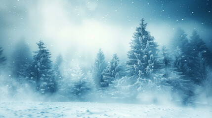 Dramatic seasonal landscape with snow-covered trees and falling snowflakes