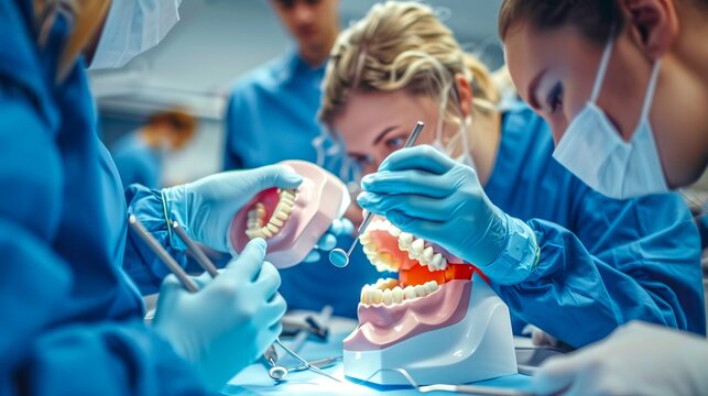 Students practicing dental procedures on plastic model with focus and teamwork. This close-up showcases educational hands-on experience. Ideal for educational, medical, and training purposes. AI