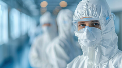 Three people in white protective gear are standing in a hallway