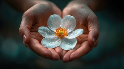 Hands Cradling Delicate Flower Blooming in Unexpected Place