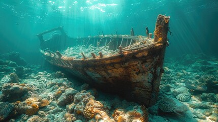 Sunken Ship Resting Silently on Ocean Floor: Home to Marine Life