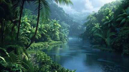 Lush verdant tropical rainforest landscape with a winding tranquil river flowing through an abundance of exotic vegetation dense foliage and captivating natural scenery