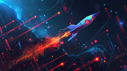 Fototapeta premium Bitcoin graph with a rocket and increasing trend lines, highlighting the cryptocurrency's market surge. AI generative illustration