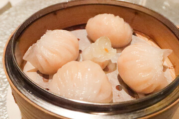 Chinese Cantonese style Dim Sum steamed crystal shrimp prawn dumpling or can be called 