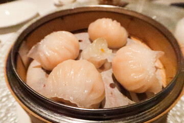 Chinese Cantonese style Dim Sum steamed crystal shrimp prawn dumpling or can be called 