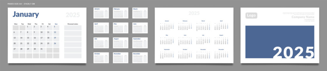 Set of 2025 Pages Monthly Calendar Planner Templates, Cover with Place for Photo, Company Logo, Annual. Design of Vector layout Calendar Pages size A4-21x29.7 cm in for print. Week start on Monday