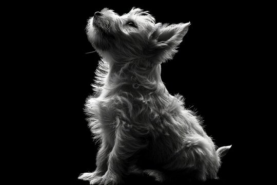 West Highland White Terrier sits in a dramatic pose against a black background, its head tilted upward and its gaze fixed on something unseen.