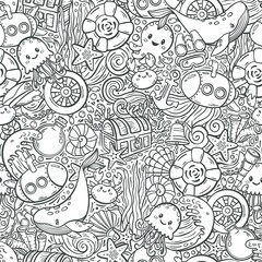 Doodle art seamless pattern. Nautical pattern. Outline pattern with sea life and submarine. Coloring page