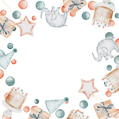Birthday frame watercolor. Hand drawn square border for holiday. Decoration elements on an isolated white background cake, balloons, party hats, confetti and gift boxes. Ideal for baby shower, birth