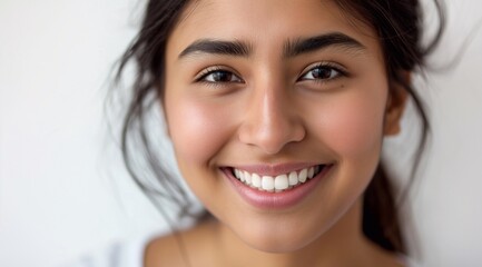 a closeup photo portrait of a beautiful young asian indian model woman smiling with clean teeth. used for a dental ad. isolated on white background.