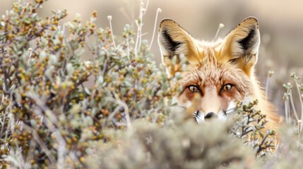 Fototapeta premium Curious red fox peeking out from behind a bush, eyes bright and alert.