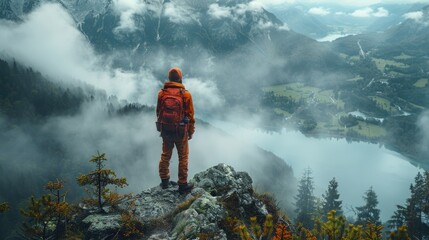 Fototapeta premium Traveler Pausing on Misty Mountaintop: Gazing into the Distant Horizon