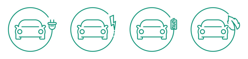 Obraz premium Electric car icon set. Charging stations. Electric car with charging power cord cable. Eco friendly concept. Vector illustration