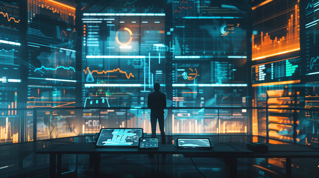 Man Standing in High-Tech Control Room with Digital Screens and Data
