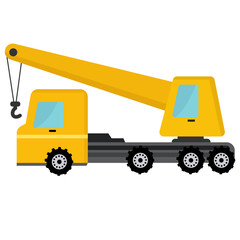 Yellow truck with crane, flat icon design, building construction machinery vehicle clip art image