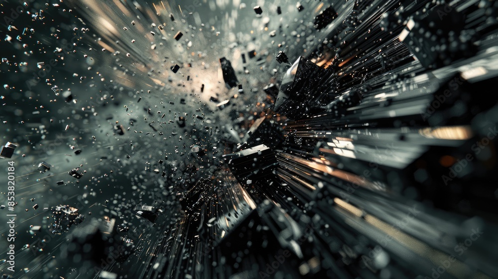 Poster abstract digital artwork of exploding black cubes in blue and red colors. abstract image of explosio